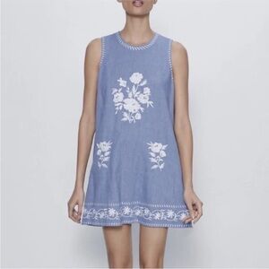 Zara Blue Sleeveless Dress with White Floral Embroidery